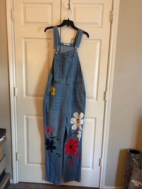 MISSLOOK Light Blue Denim Overalls with Straps- painted flowers by manufacturer